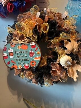 Hand Crafted Pumpkin Spice Fall Wreath - Black, Orange, Cream